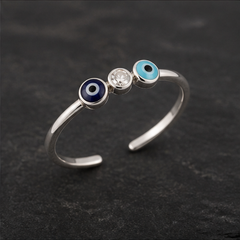 Dainty Enamel Evil Eye Ring - 925 Sterling Silver - angled product view - Tarashya Jewels