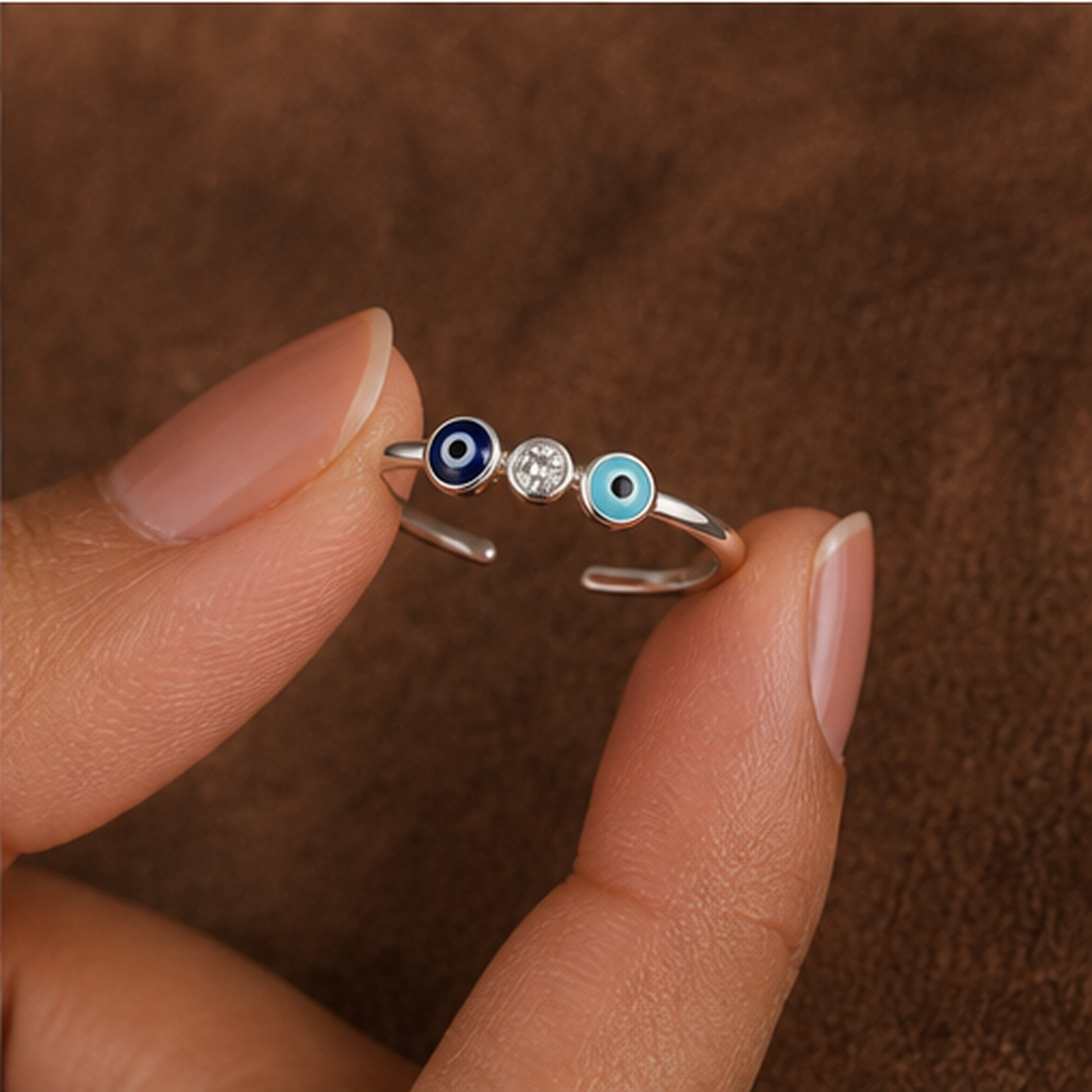 Dainty Enamel Evil Eye Ring - 925 Sterling Silver - hand-held scale view - Tarashya Jewels