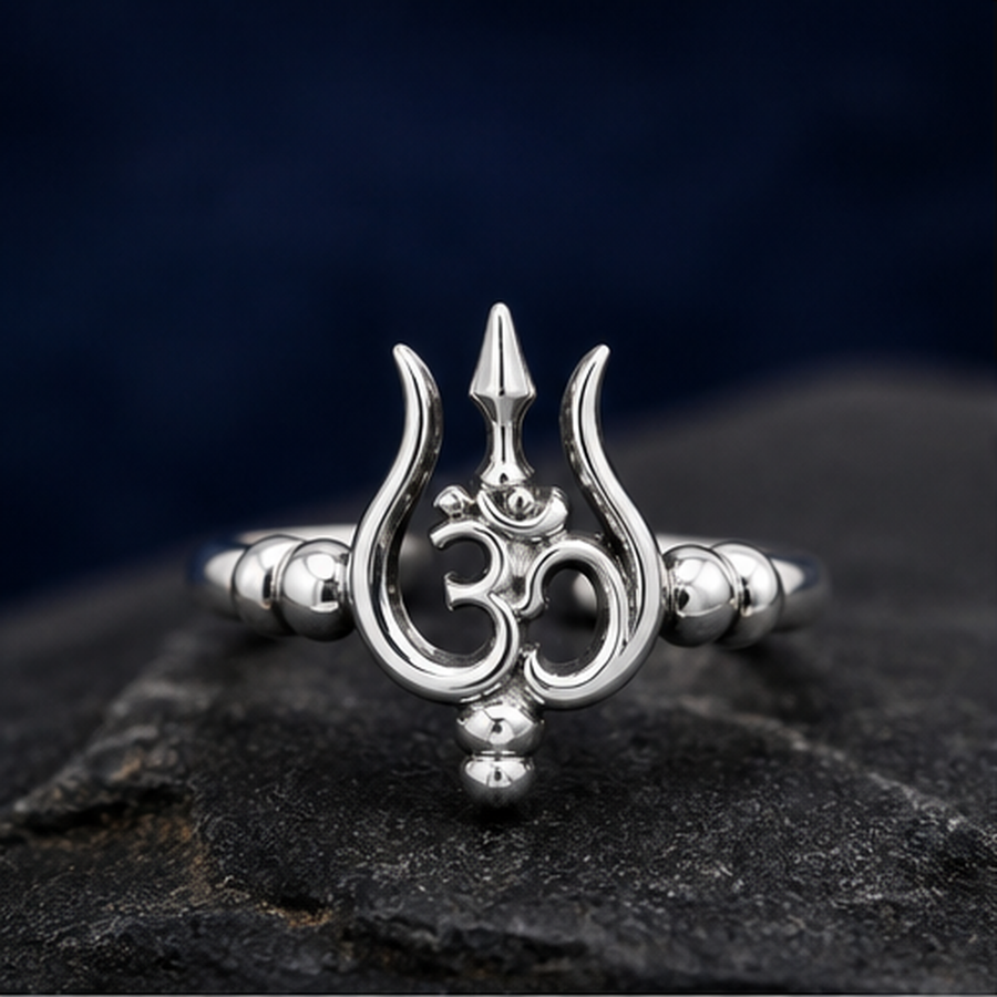 Om & Trident Adjustable Ring - 925 Sterling Silver - primary product image - Tarashya Jewels