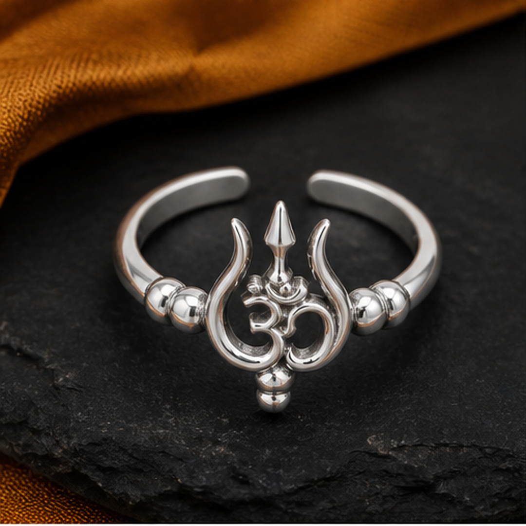 Om & Trident Adjustable Ring - 925 Sterling Silver - flat lay - Tarashya Jewels