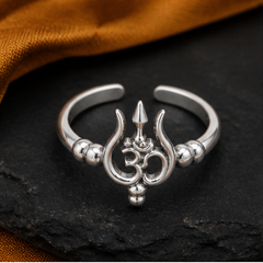 Om & Trident Adjustable Ring - 925 Sterling Silver - flat lay - Tarashya Jewels