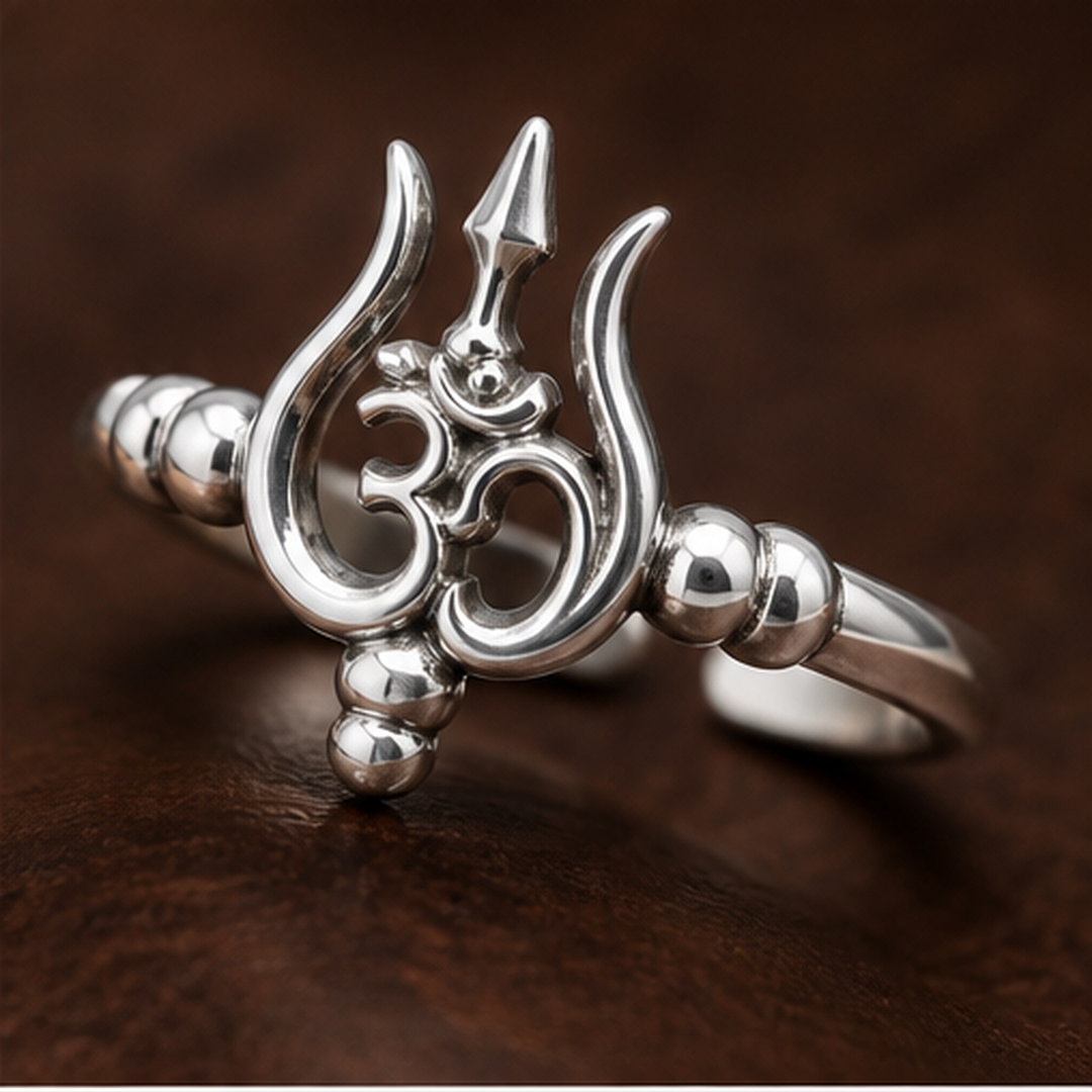 Om & Trident Adjustable Ring - 925 Sterling Silver - angled product view - Tarashya Jewels