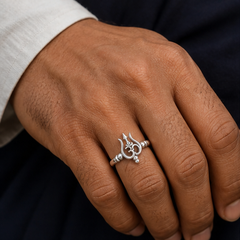 Om & Trident Adjustable Ring - 925 Sterling Silver - on-model detail - Tarashya Jewels
