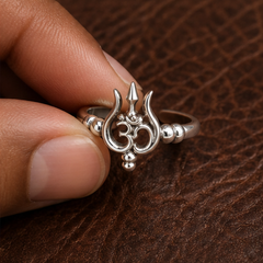 Om & Trident Adjustable Ring - 925 Sterling Silver - hand-held scale view - Tarashya Jewels