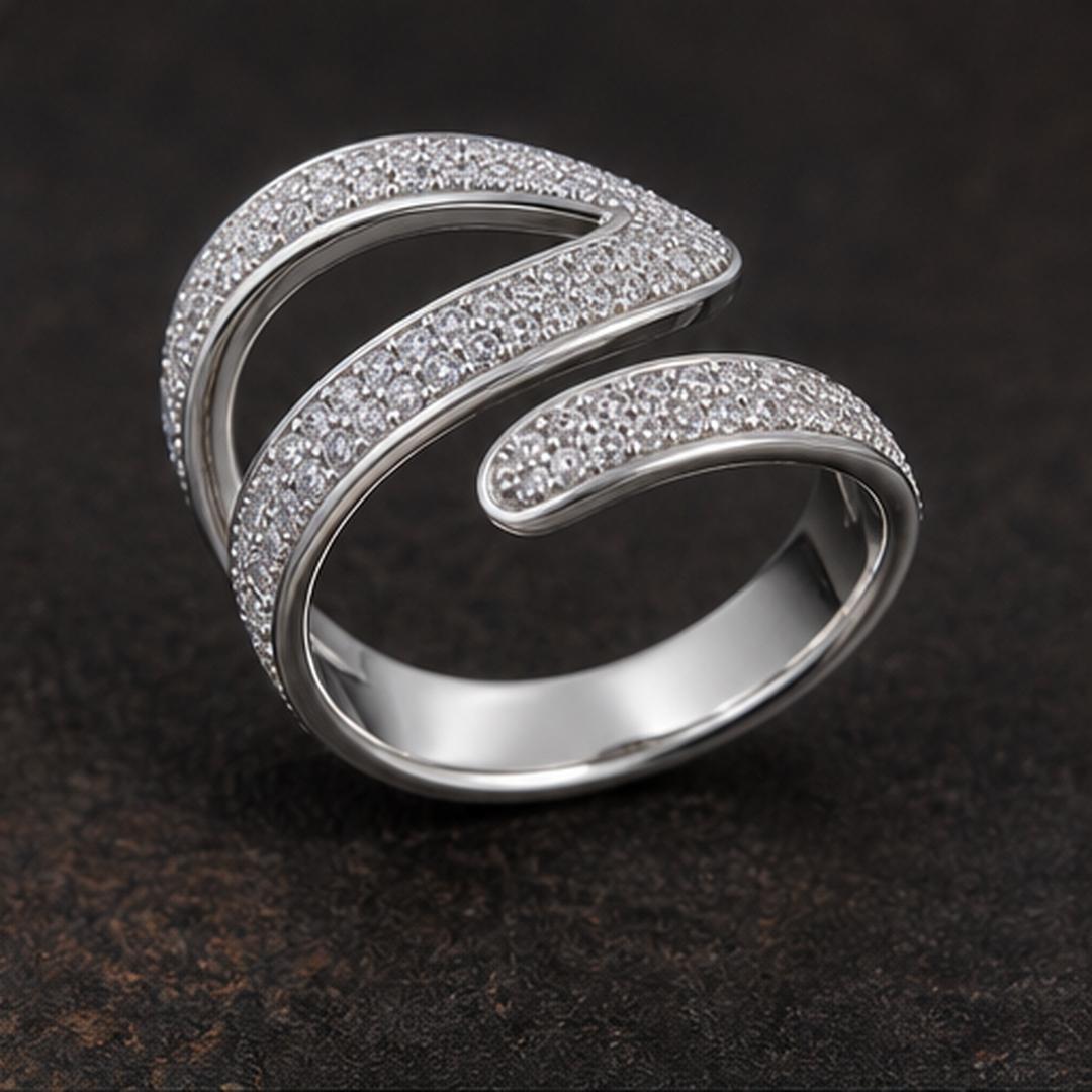 Spiral Pavé Ring - 925 Sterling Silver - angled product view - Tarashya Jewels