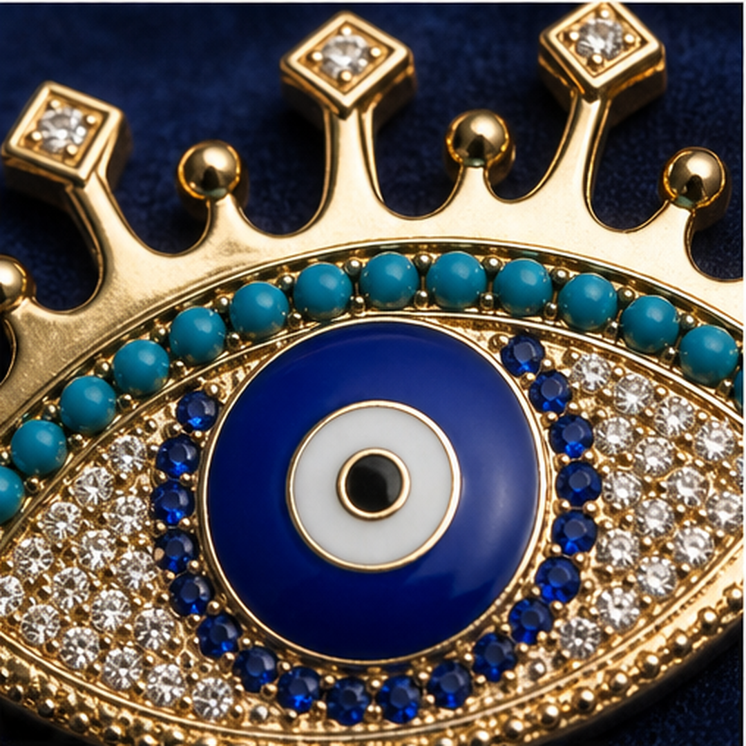 Evil Eye Pendant Necklace - Brass - close-up detail - Tarashya Jewels