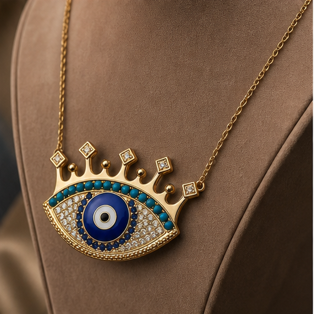 Evil Eye Pendant Necklace - Brass - angled product view - Tarashya Jewels