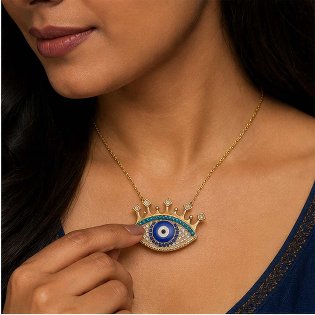 Evil Eye Pendant Necklace - Brass - on-model detail - Tarashya Jewels