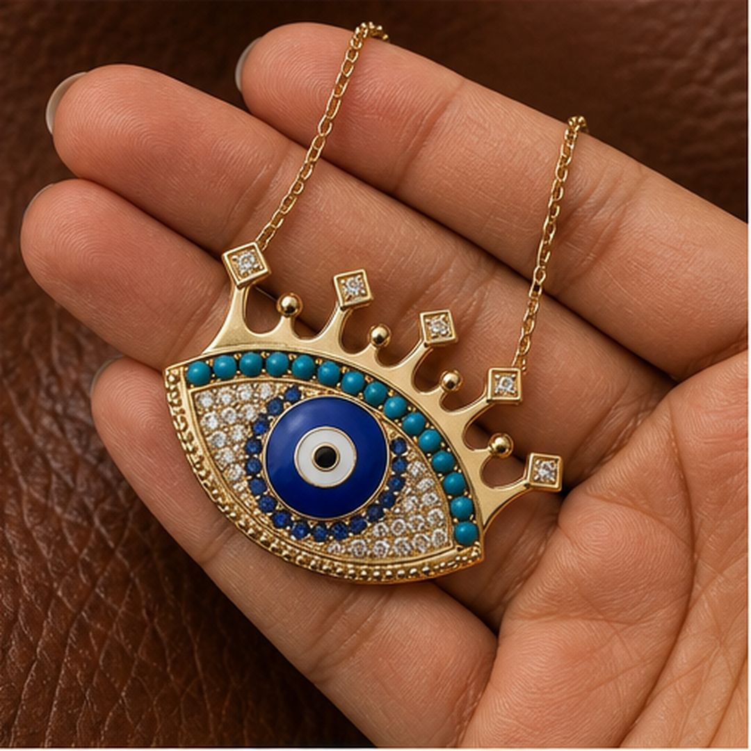 Evil Eye Pendant Necklace - Brass - hand-held scale view - Tarashya Jewels