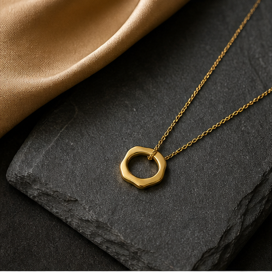Eternity Pendant Necklace - Brass - flat lay - Tarashya Jewels