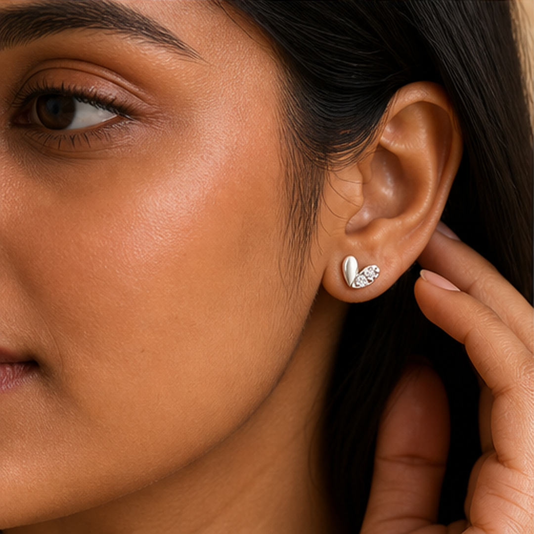 Butterfly Stud Earrings - 925 Sterling Silver - on-model detail - Tarashya Jewels