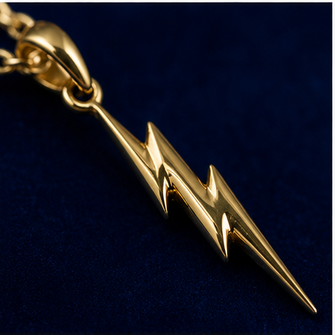 Lightning Bolt Necklace - Brass - close-up detail - Tarashya Jewels