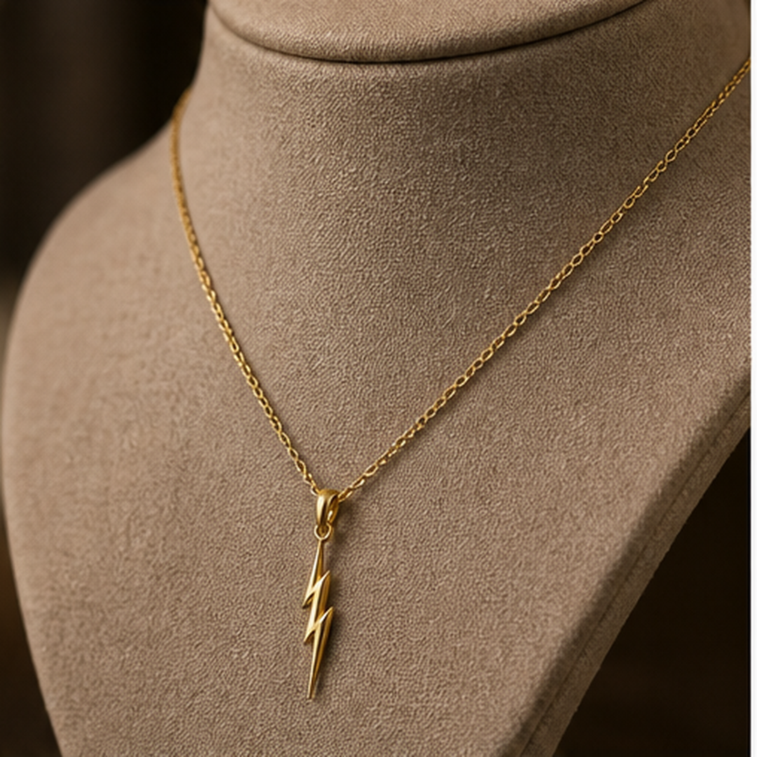 Lightning Bolt Necklace - Brass - angled product view - Tarashya Jewels