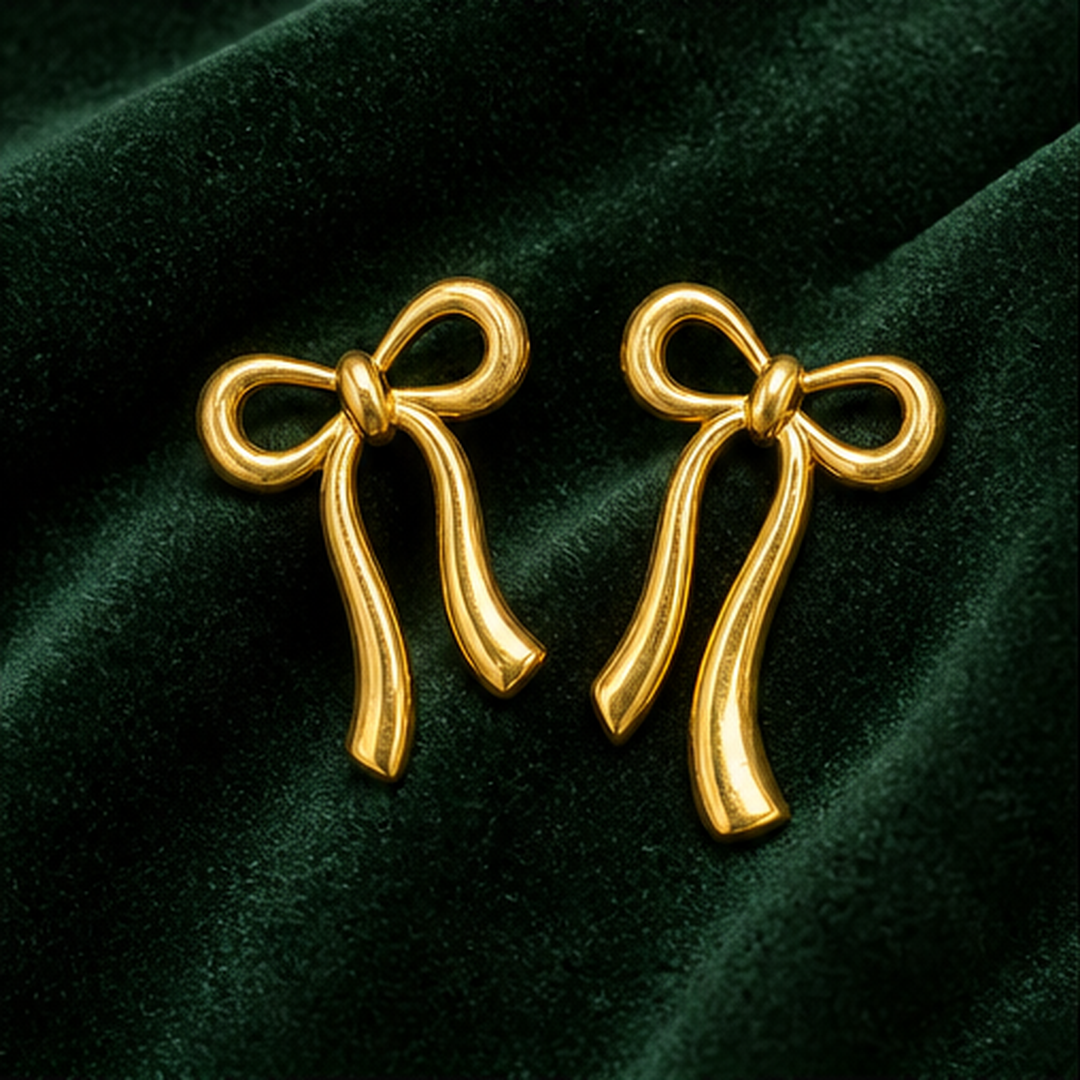 Ribbon Bow Earrings - Brass - flat lay - Tarashya Jewels