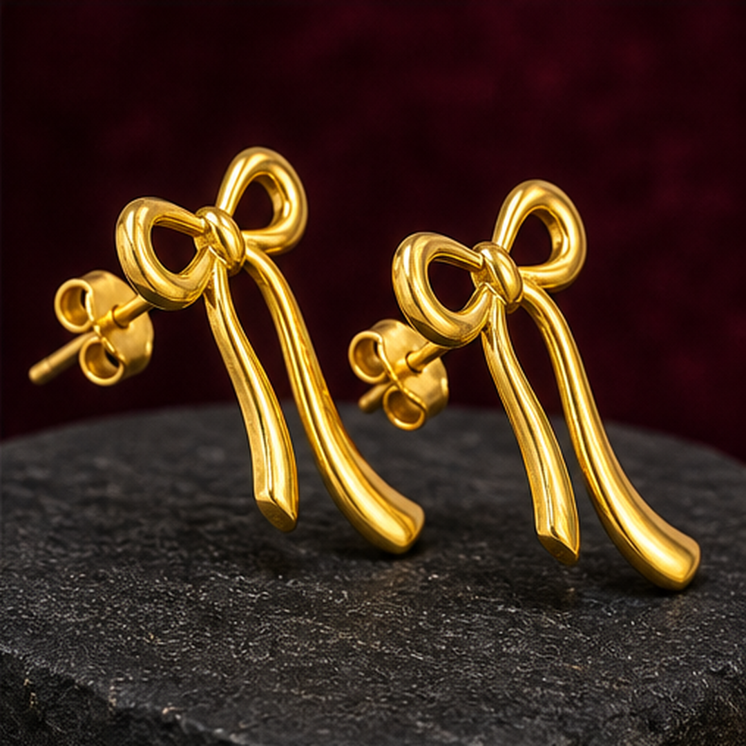 Ribbon Bow Earrings - Brass - angled product view - Tarashya Jewels