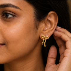 Ribbon Bow Earrings - Brass - on-model detail - Tarashya Jewels