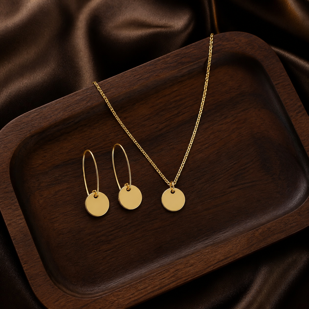 Button Necklace & Earring Set - 925 Sterling Silver - flat lay - Tarashya Jewels