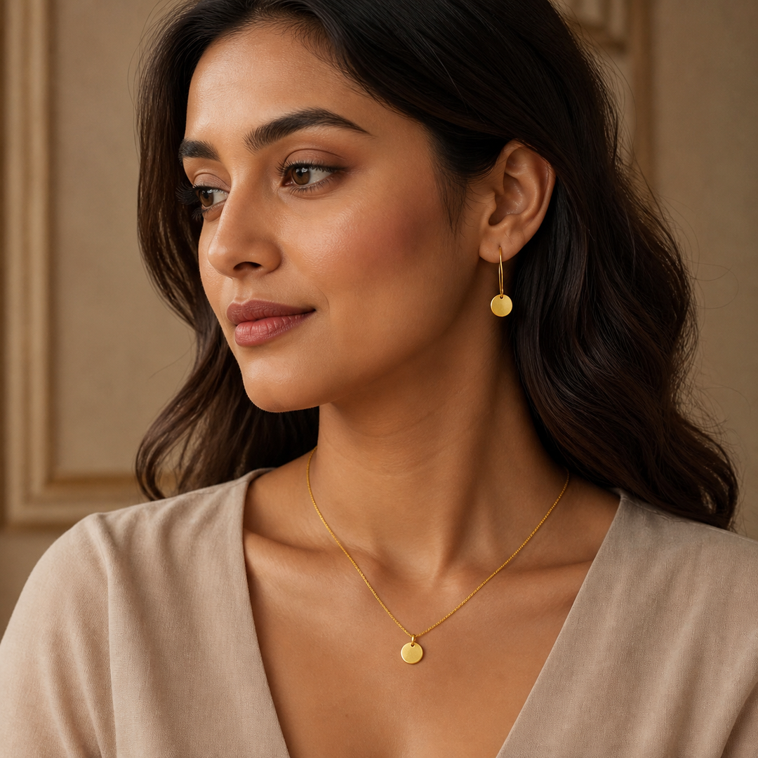 Button Necklace & Earring Set - 925 Sterling Silver - on-model detail - Tarashya Jewels