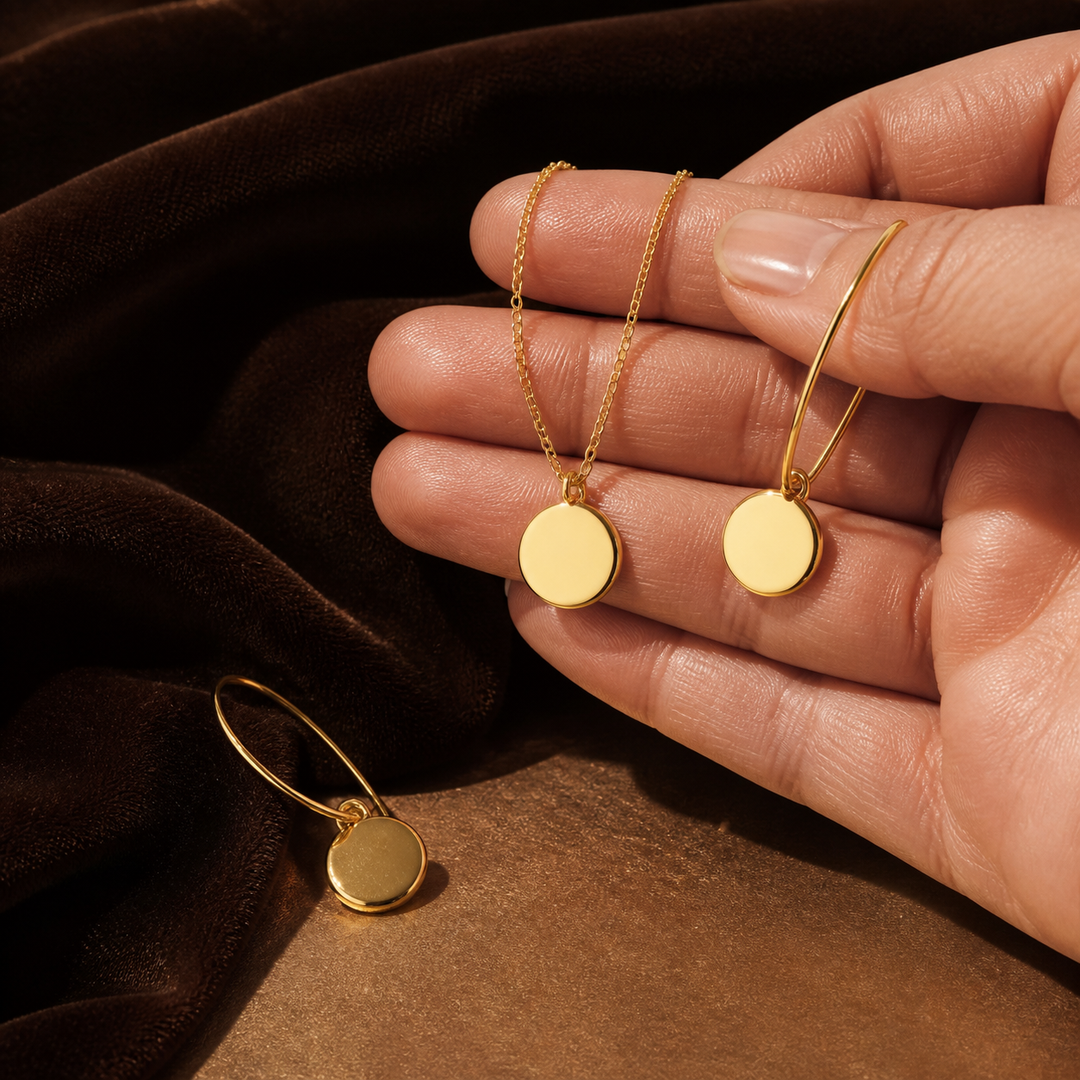 Button Necklace & Earring Set - 925 Sterling Silver - hand-held scale view - Tarashya Jewels
