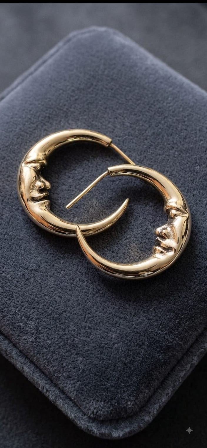 Moon Face Hoop Earrings - Brass