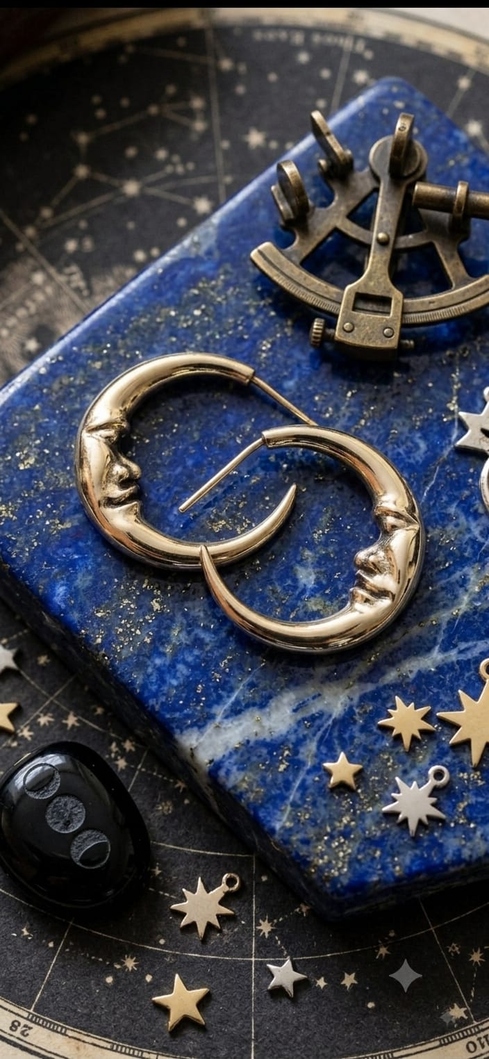 Moon Face Hoop Earrings - Brass