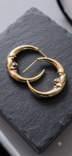 Moon Face Hoop Earrings - Brass